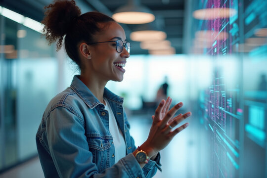 Smiling Woman Interacting with Futuristic Translucent Data Display