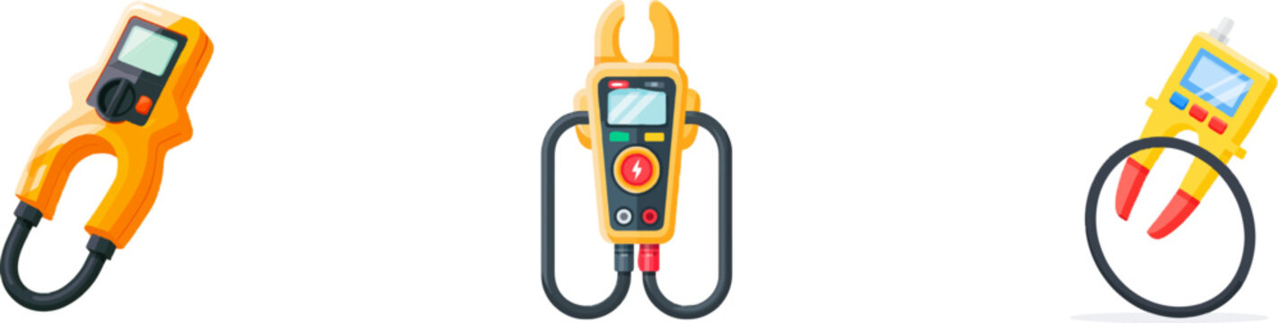 A sleek, modern yellow clamp-on digital ammeter tool clamps tightly around a thick black electrical power wire on a pristine white background
