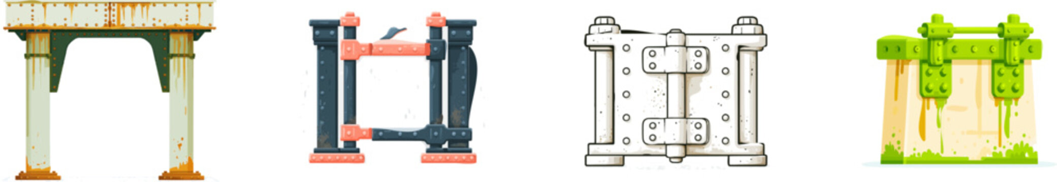 A massive dry dock caisson gate hinge features heavy structural iron pins, thick reinforced rivets, seawater staining, clean technical lines, isolated on a solid white background