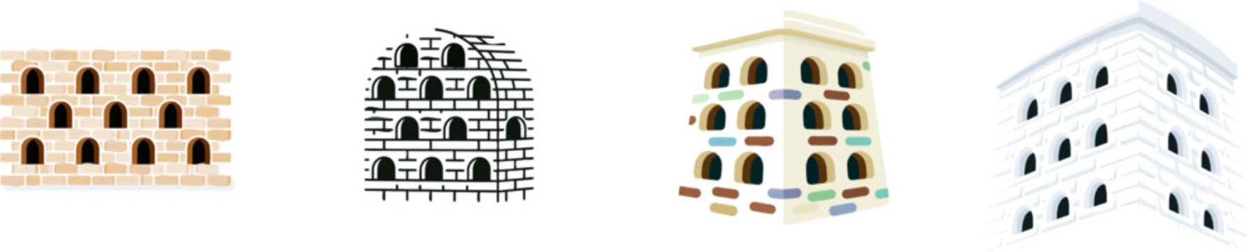 A flat vector-style illustration depicts an elegant brick dovecote wall with neatly built arched pigeon nesting holes, showcasing clean geometric lines against a solid white background