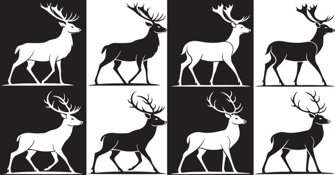 set of silhouettes of deer. set of deer silhouettes. set of deer silhouettes. black and white. illustration. vector. cut for circuit vinyl cut. laser cut. commercial use