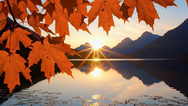 Autumn maple leaves frame a serene lake reflecting mountains at sunset