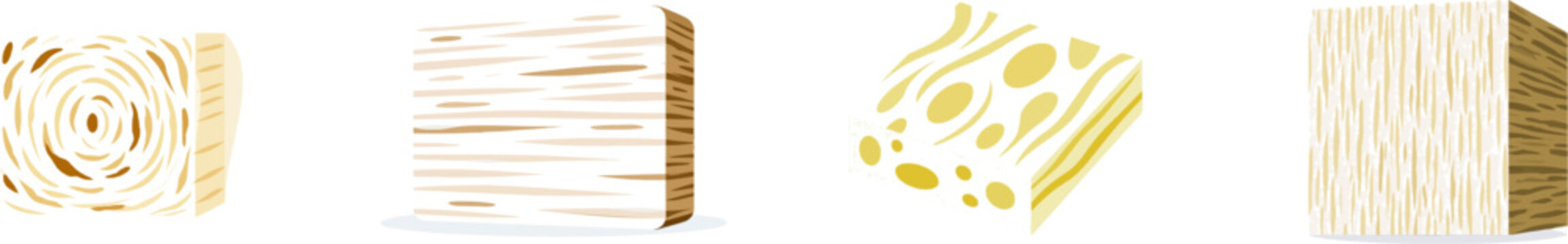 A flat vector illustration of a square slice of balsa wood showcases its lightweight, porous end grain pattern with pale cream and tan cellular structures against a solid white background