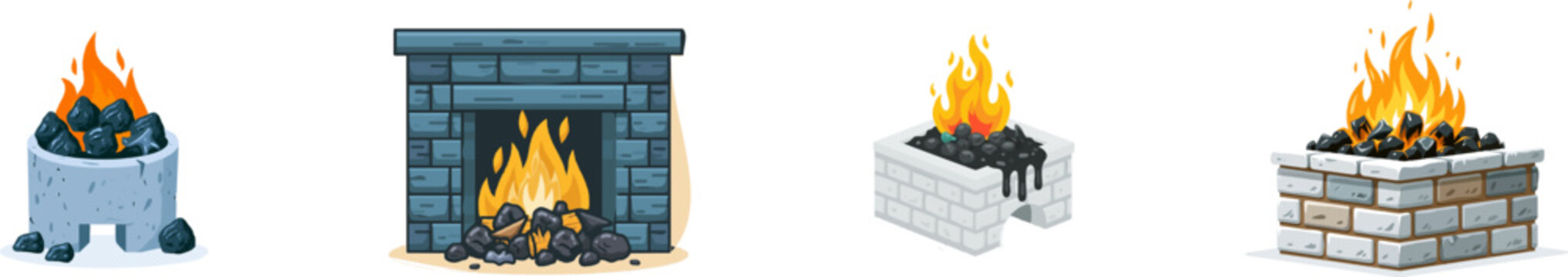 A flat vector illustration depicts a stone blacksmiths forge hearth filled with burning charcoal embers and dark metallic clinker slag residue, all rendered in clean lines against a solid white