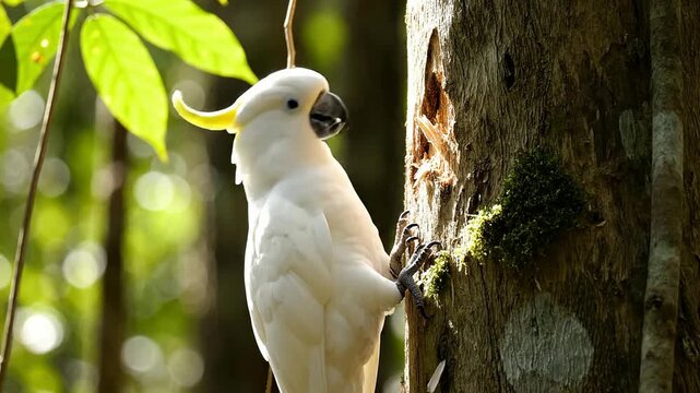 White Cockatoo Pecking At Tree Bark Searching For Insects In Tropical Forest Close-Up