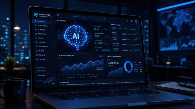Laptop showing artificial intelligence data analytics on screen in dark office