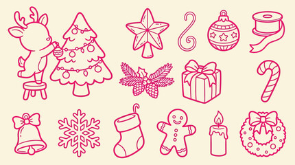 Collection of cute Christmas icons and elements, including a reindeer decorating a tree, gifts, ornaments, and snowflakes. © Clara