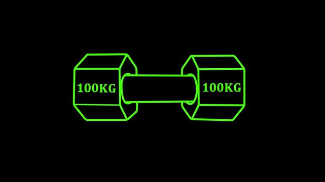 Dumbbell simple clipart, 100 kg weight and gym icon neon line animation Isolated . Muscle lifting, fitness barbell, weight, crossbar gym, sports equipment symbol, exercise barbell.black background