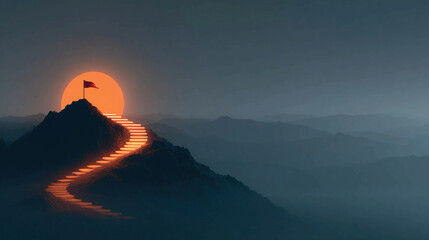 Naklejka premium Concept of step-by-step achievement of goals with glowing path leading to the mountain peak flag of success business vision motivation growth mindset and leadership inspiration