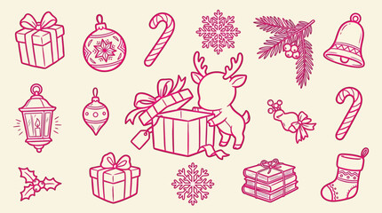 A charming collection of hand-drawn Christmas icons in pink, featuring a cute reindeer opening a gift box. © Clara