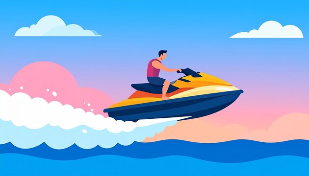 Cartoon child flying jet ski over ocean waves.