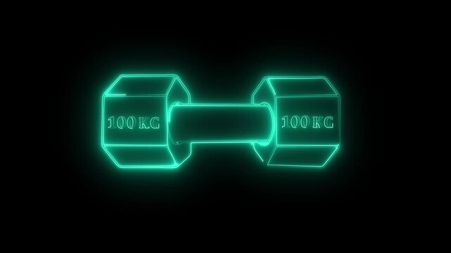 Dumbbell simple clipart, 100 kg weight and gym icon neon line animation Isolated . Muscle lifting, fitness barbell, weight, crossbar gym, sports equipment symbol, exercise barbell.black background