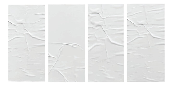 Four vertical white paper sheets with wrinkled texture and folded creases