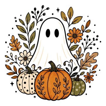 Cute ghost with pumpkins and autumn leaves during fall season for Halloween celebration