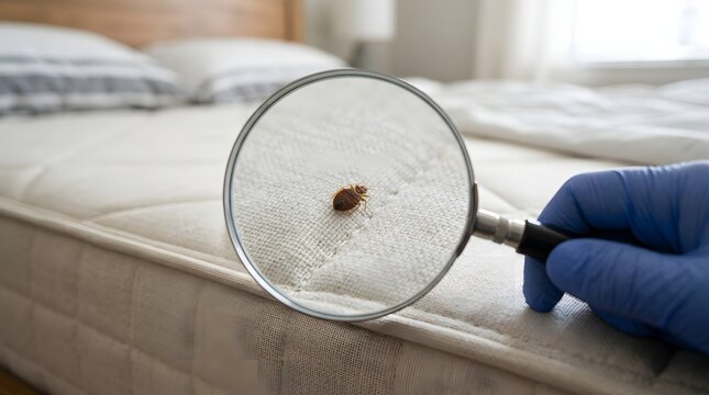 Close-up of bed bug under magnifying glass on mattress
