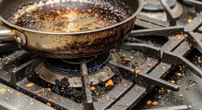 Dirty frying pan on stove with burnt residue and grease buildup around burner. Cooking equipment shows signs of neglect with grease, food particles, and stains around burners.