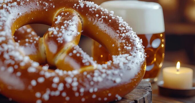 A close-up shot of a traditional German pretzel with coarse salt, accompanied by a glass of beer and a lit candle in a warm, inviting setting.