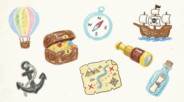 Collection of hand-drawn pirate adventure icons including a treasure chest, ship, map, and compass.