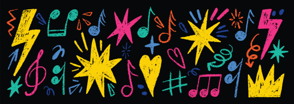 Hand drawn colorful music doodle set with neon crayon or chalk texture including musical notes, hearts, stars, crown, and lightning bolts in fun retro 90s style isolated on black background