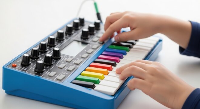 Colorful music synthesizer with hands playing keys and adjusting knobs on a bright surface. Music synthesizer features vibrant keys and dynamic sound controls for creativity and experimentation.