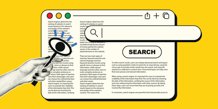 Search engine optimization concept with hand holding magnifying glass analyzing web browser page and search bar collage illustration vector on vibrant yellow background