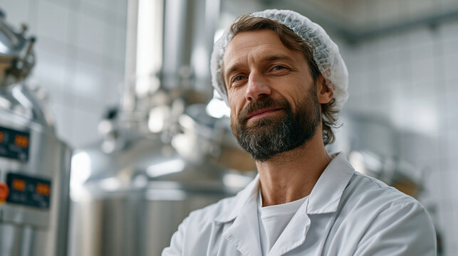 Plant based protein extraction technician monitors a wet fractionation centrifuge separating pea isolate concentrate in a food ingredient processing plant, sterile white