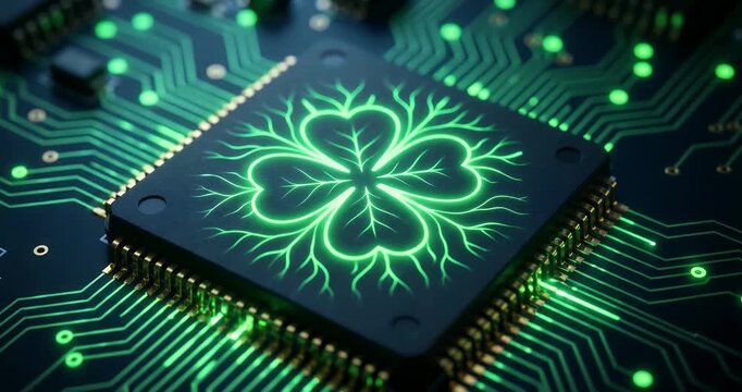 A glowing green four-leaf clover design on a microchip embedded in a circuit board, symbolizing luck in technology.