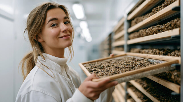 Inside a vertical insect protein farming facility, a production technician lifts a mesh tray of mealworm frass from stacked rearing racks, checking moisture content under
