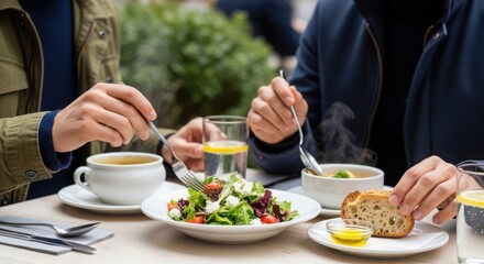 Naklejka premium Delicious lunch with warm soup, fresh salad, and bread on table, enjoyed by two friends with cups of tea. Lunchtime gathering features comforting food and casual dining experience,