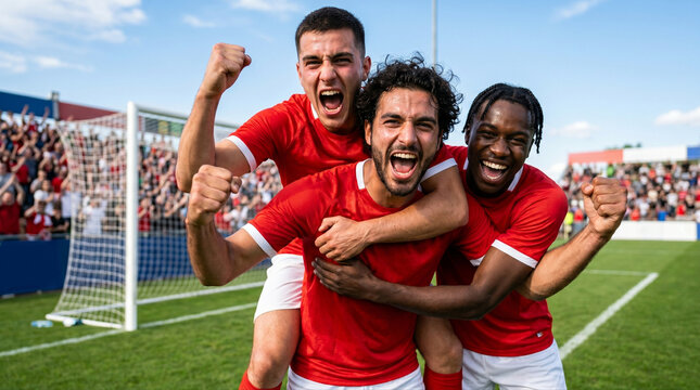 Soccer team and winner for celebrate game happy and smile being proud confident and on field in sportswear teamwork football and victory players doing sports winning or workout together outdoor