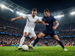Two soccer players in action on professional stadium