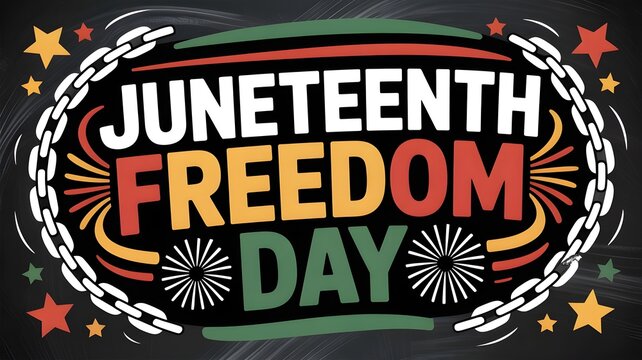 Juneteenth freedom day typography design with broken chains, stars, and fireworks on a chalkboard background, celebrating african american emancipation