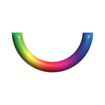 Abstract 3D rainbow gradient semi-circle tube, colorful glossy arc curve shape, bright geometric smile element, isolated illustration