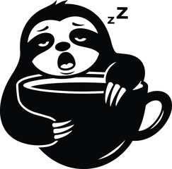 Obraz premium Sleeping Sloth with Coffee Cup Logo Vector Illustration