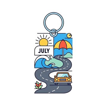 July calendar month personification with summer activities illustration.