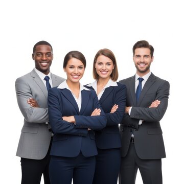 Diverse group of happy professional business people standing together isolated on white background