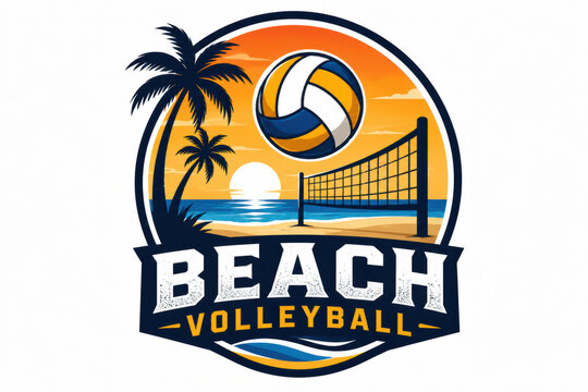 Beach volleyball emblem logo design with palm trees and sunset at the seaside