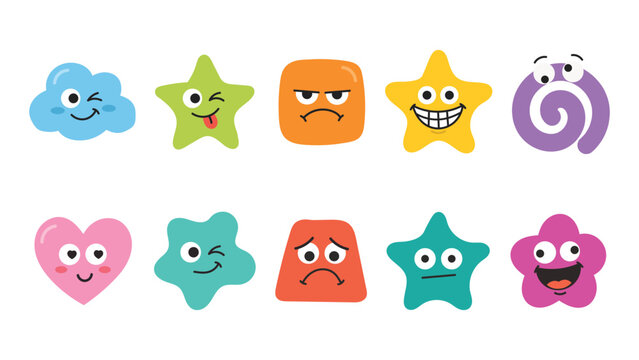 Set of Colorful Cartoon Shapes Featuring Diverse Facial Expressions Representing Human Emotions and Moods in a Flat Vector Design Collection