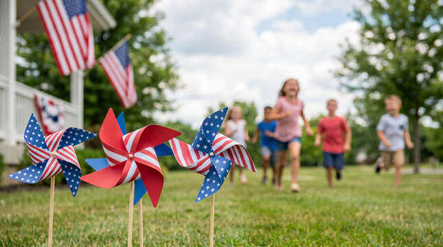 Children running joyfully in garden with patriotic pinwheels and flags  