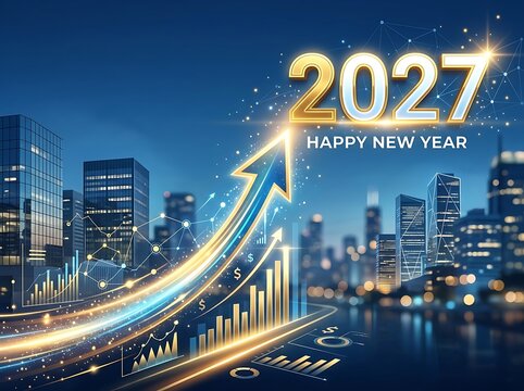 Financial growth concept for 2027 with rising arrow and bar charts over modern city skyline at night.