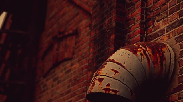 A rusty pipe connects to a brick wall in an urban area. The wall shows wear and age with red and brown tones. The scene captures the texture and detail of the materials used.