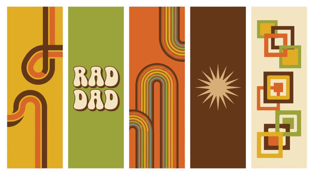 Retro Abstraktes Lesezeichen Vektor Set mit Regenbogen Linien und Geometrischen Formen f&uuml;r Grafikdesign, Schreibwaren & Vintage Dekoration (EPS)