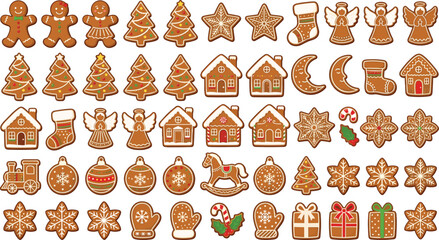 Obraz premium Decorative Christmas Gingerbread Cookies Vector Element Set with Traditional Holiday Shapes for Winter Festive Greeting Cards, Scrapbooking, and Pattern Designs