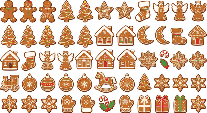 Decorative Christmas Gingerbread Cookies Vector Element Set with Traditional Holiday Shapes for Winter Festive Greeting Cards, Scrapbooking, and Pattern Designs