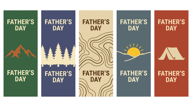Banni&egrave;res Verticales F&ecirc;te des P&egrave;res avec Nature et Camping Vecteur pour Cartes Cadeaux, D&eacute;corations &Eacute;v&eacute;nementielles et Marketing (EPS)
