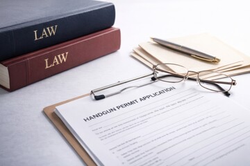 Handgun permit application form with law books and glasses on desk © dvoevnore