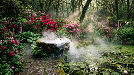 Fototapeta premium Mist rises where blossoms guard hidden calm.