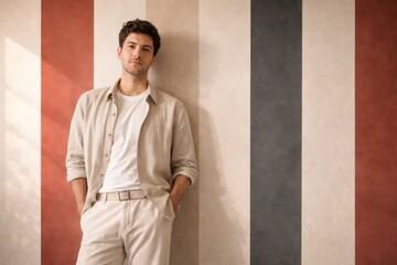 Man standing against retro circus stripe wall, casual outfit © dvoevnore