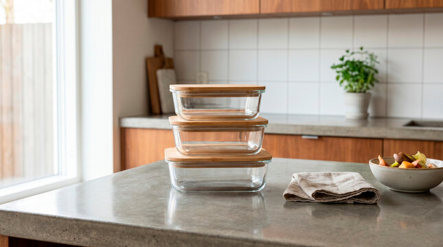 Stack of reusable glass food containers on a kitchen counter, concept of sustainable storage and low waste living