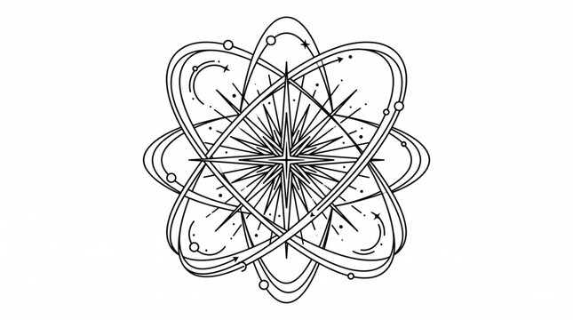 An intricate atomic structure illustration showcases orbiting electrons around a central nucleus.